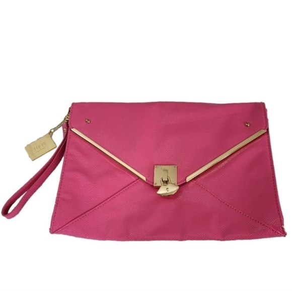 LULU Guinness Pink Envelope Clutch Bag with Gold Hardware - Neon - Wrist Strap - Picture 1 of 15